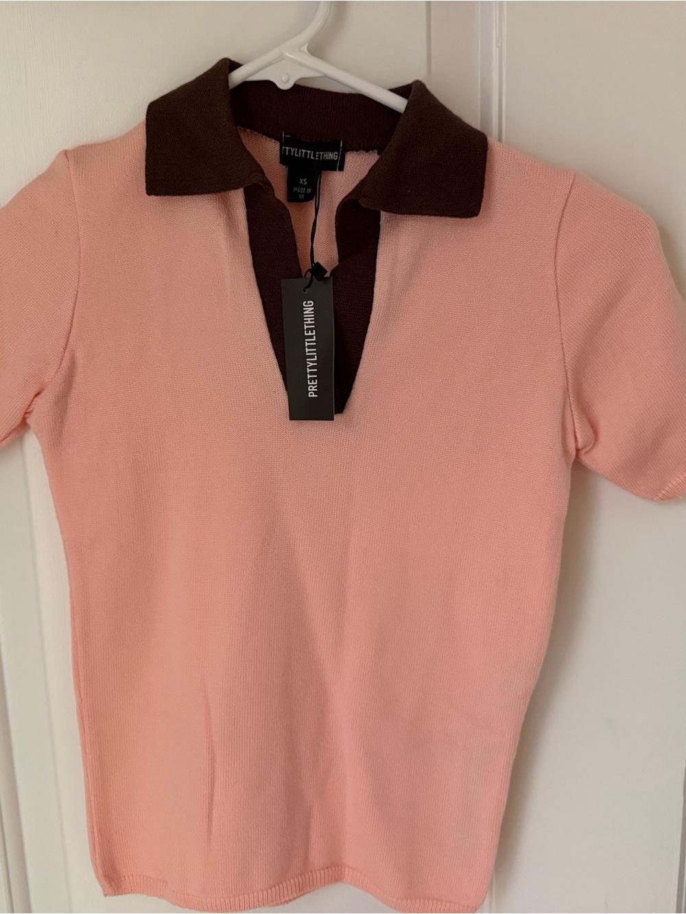 PrettyLittleThing Pink Polo Top with Brown Collar